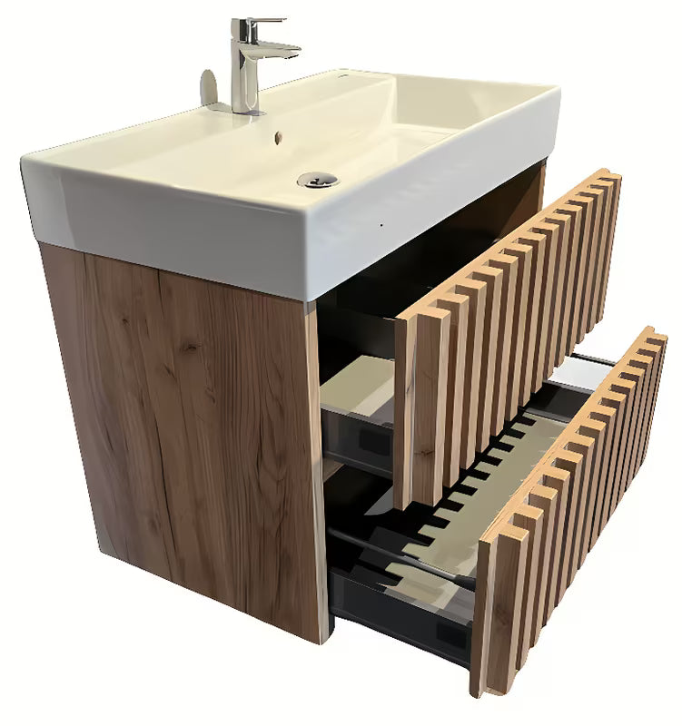 Viseča kopalniška omarica s keramičkim umivaonikom SAT Delano u dekoru mat hrast s okomitim letvicama