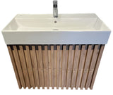 Viseča kopalniška omarica s keramičkim umivaonikom SAT Delano u dekoru mat hrast s okomitim letvicama