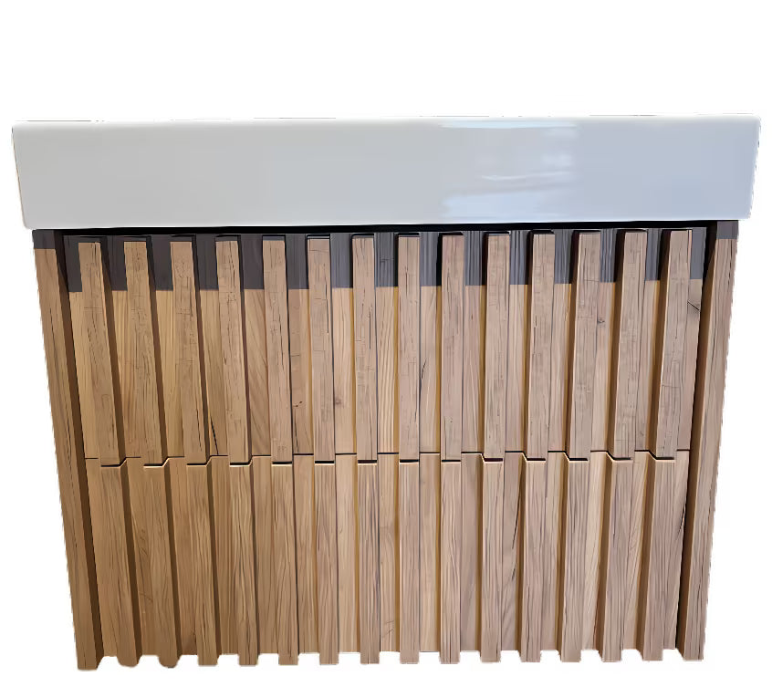 Viseča kopalniška omarica s keramičkim umivaonikom SAT Delano u dekoru mat hrast s okomitim letvicama