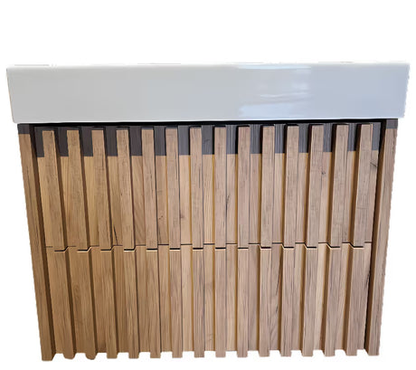 Viseča kopalniška omarica s keramičkim umivaonikom SAT Delano u dekoru mat hrast s okomitim letvicama