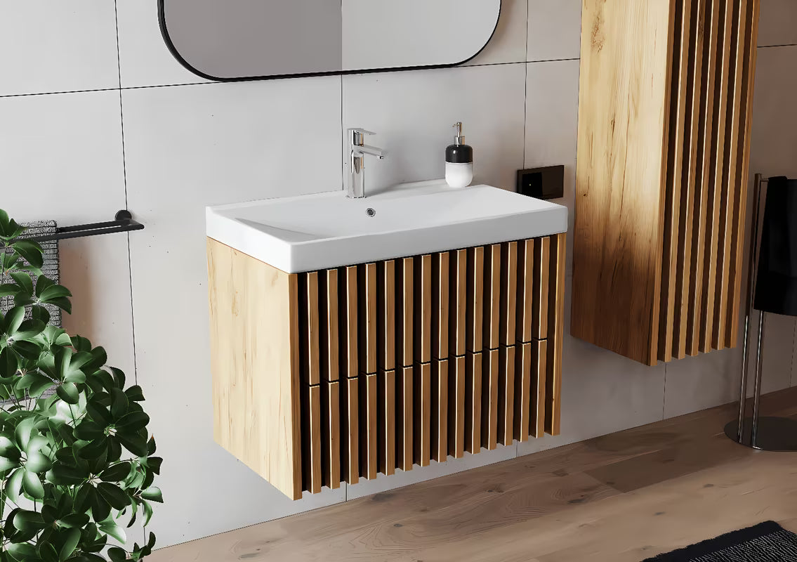 Viseča kopalniška omarica s keramičkim umivaonikom SAT Delano u dekoru mat hrast 80x46 cm