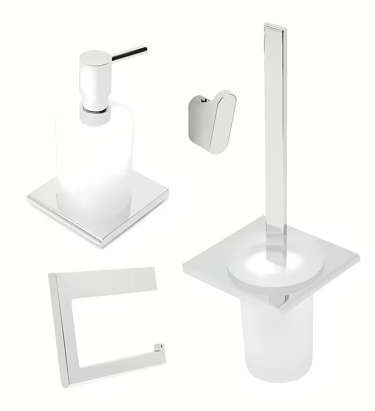 Komplet kopalniških dodatkov SAT Evolution s kavljem, dozirnikom mila, držalom za toaletni papir in WC školjka WC-ščetko.