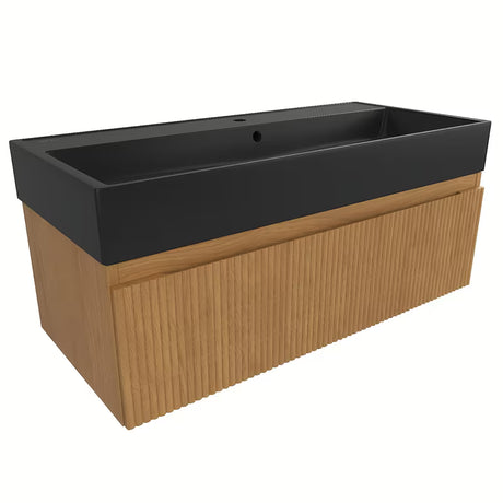 Viseča kopalniška omarica SAT Evolution s keramičkim umivaonikom u dekoru medni hrast i u mat crnoj boji