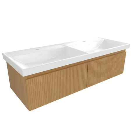 Viseča kopalniška omarica SAT Evolution s dvostrukim umivaonikom u dekoru medni hrast s okomitim glodanjem