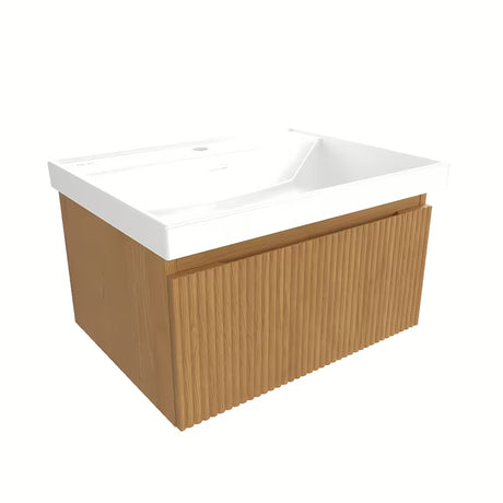 Viseča kopalniška omarica SAT Evolution s umivaonikom u dekoru medni hrast s okomitim utorima