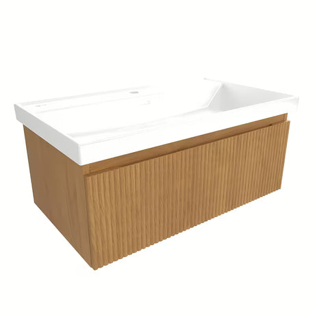 Viseča kopalniška omarica z umivalnikom SAT Evolution u dekoru medni hrast s okomitim utorima