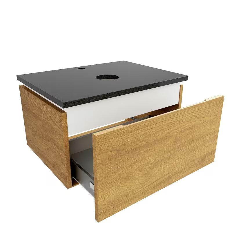 Viseča kopalniška omarica SAT Feel u dekoru medni hrast s granitnom pokrovnom pločom Absolut black sjaj