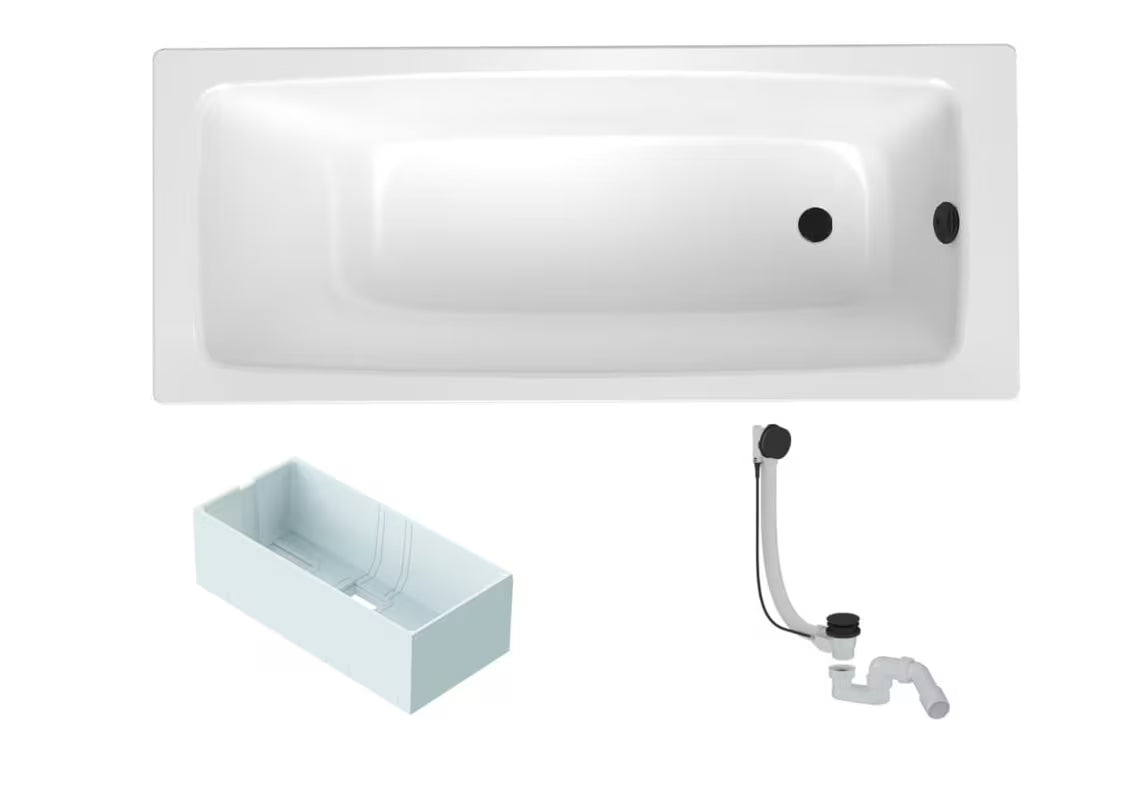 Pravokotna kad SAT Feel 150 x 70 cm od emajliranog čelika s nosačem i odvodno-preljevnom garniturom u crnoj boji