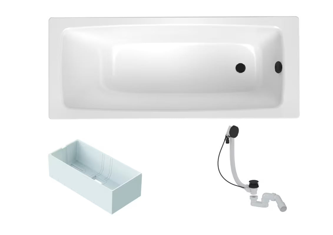 Pravokotna kad SAT Feel 160 x 70 cm od emajliranog čelika s nosačem i preljevno-punjačkim setom u crnoj boji