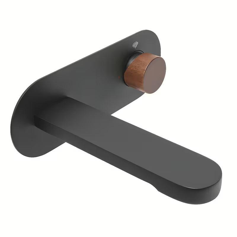 Podometna armatura za umivalnik SAT Fusion v mat črni z ročico v dekorju temnega lesa