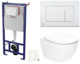 Viseči WC set SAT Fusion z vrtinčnim splakovanjem, splakovalnikom, belim tipkalom in duroplastno WC-desko