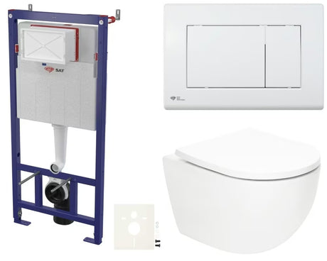 Viseči WC set SAT Fusion z vrtinčnim splakovanjem, splakovalnikom, belim tipkalom in duroplastno WC-desko