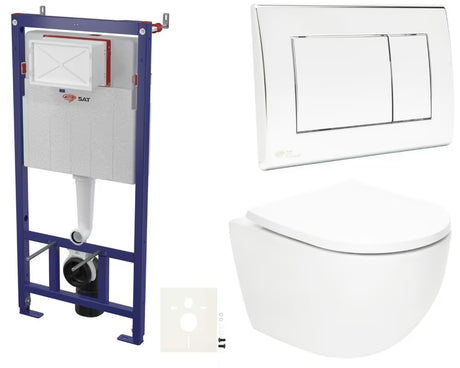 Viseči WC set SAT Fusion z vrtinčnim splakovanjem, splakovalnikom, tipkalom in WC školjka WC-desko