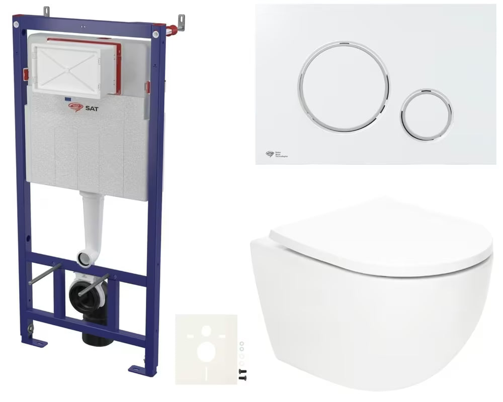 Viseči WC set SAT Fusion z vrtinčnim splakovanjem, modulom, splakovalnikom, belo tipko in WC-desko