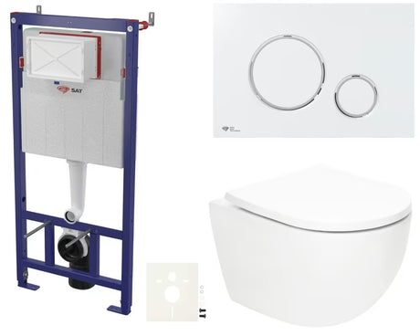 Viseči WC set SAT Fusion z vrtinčnim splakovanjem, modulom, splakovalnikom, belo tipko in WC-desko