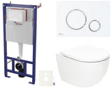 Viseči WC set SAT Fusion z vrtinčnim splakovanjem, splakovalnikom, tipko bela mat in WC-desko