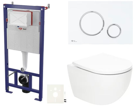 Viseči WC set SAT Fusion z vrtinčnim splakovanjem, splakovalnikom, tipko bela mat in WC-desko