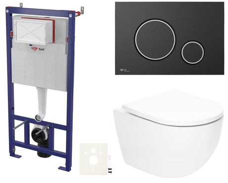 Viseči WC set SAT Fusion z vrtinčnim splakovanjem, modulom, splakovalnikom, tipko črna mat in WC-desko
