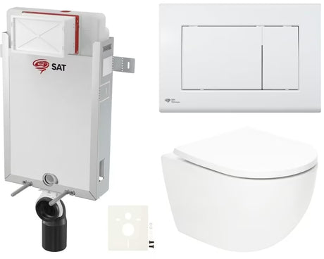 Viseči WC set SAT Fusion z vrtinčnim splakovanjem, podometnim modulom, splakovalnikom in belo tipko