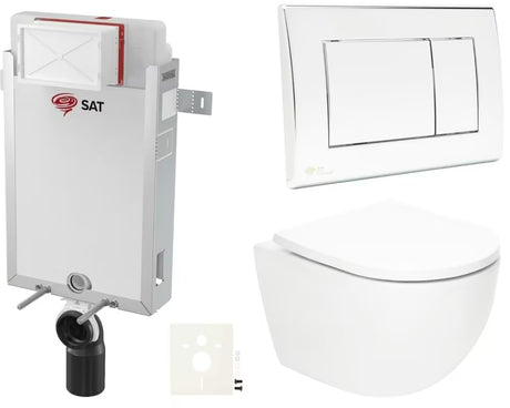 Viseči WC set SAT Fusion s podometnim modulom, WC školjka splakovalnikom, tipko za splakovanje krom sijaj in duroplastnim sedežem.