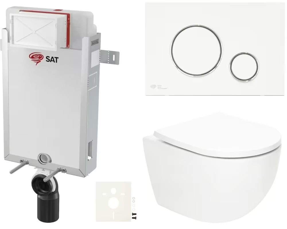Viseči WC set SAT Fusion z vrtinčnim splakovanjem, podometnim modulom, splakovalnikom, tipko in sedežem