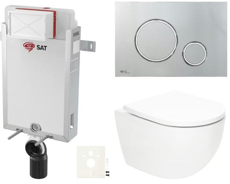 Viseči WC set SAT Fusion z vrtinčnim splakovanjem, podometnim modulom, splakovalnikom in tipko krom sijaj