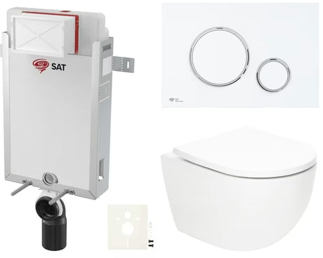 Viseči WC set SAT Fusion z vrtinčnim splakovanjem, podometnim modulom, splakovalnikom in tipko bela mat