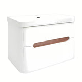 Viseča omarica z umivalnikom SAT Fusion u mat bijeloj boji s obrubom u dekoru oraha i sjajnim bijelim umivaonikom