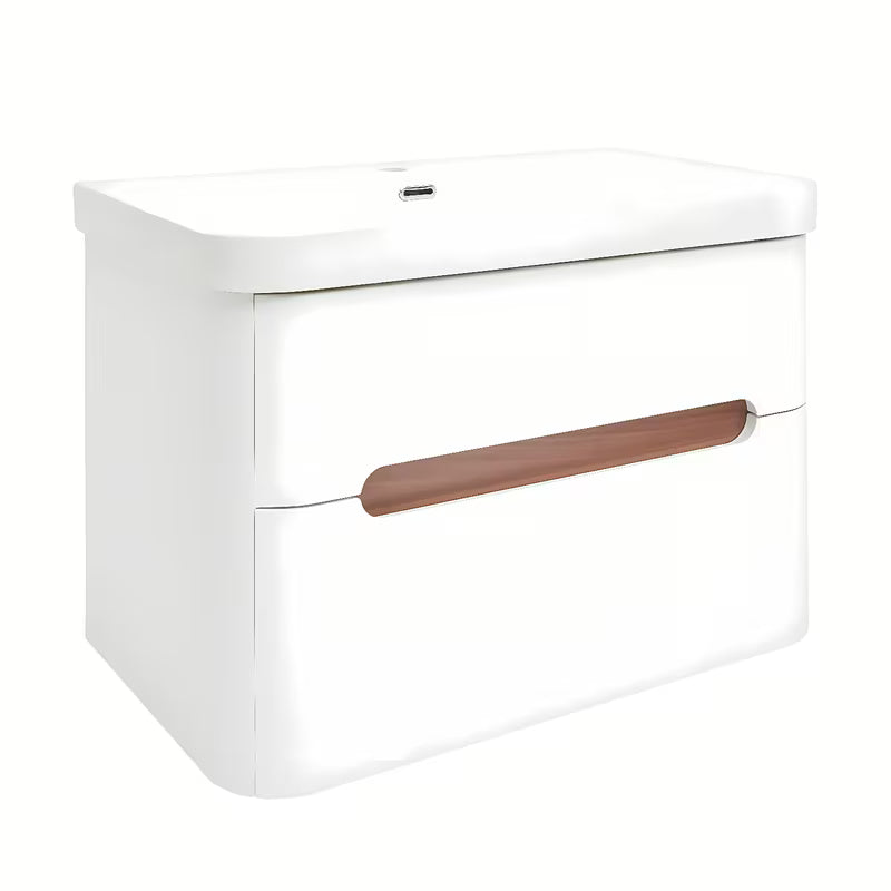 Viseča omarica z umivalnikom SAT Fusion u mat bijeloj boji s obrubom u dekoru oraha i sjajnim bijelim umivaonikom