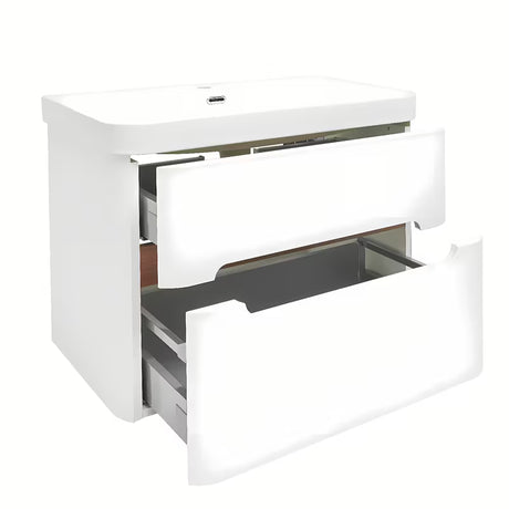 Viseča omarica z umivalnikom SAT Fusion u mat bijeloj boji s obrubom u dekoru oraha i sjajnim bijelim umivaonikom