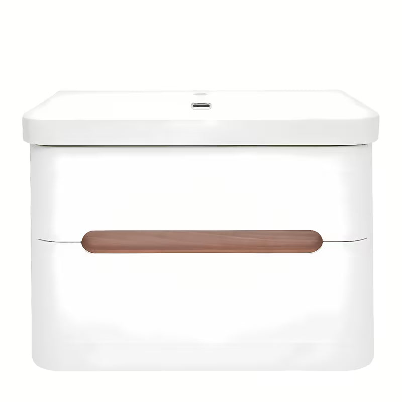 Viseča omarica z umivalnikom SAT Fusion u mat bijeloj boji s obrubom u dekoru oraha i sjajnim bijelim umivaonikom