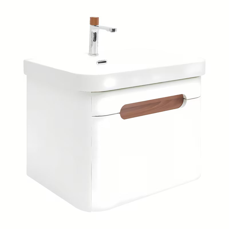 Viseča kopalniška omarica SAT Fusion s keramičkim umivaonikom u mat bijeloj boji z vtičnico.