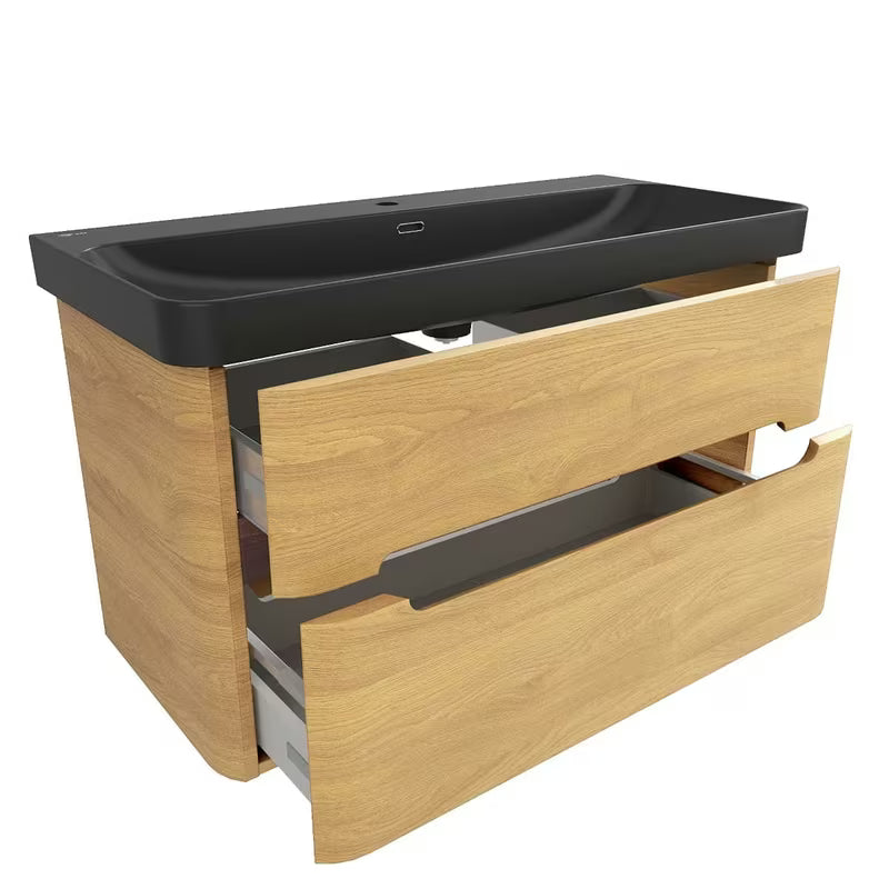 Viseča kopalniška omarica SAT Fusion u dekoru medni hrast s crnim mat umivaonikom