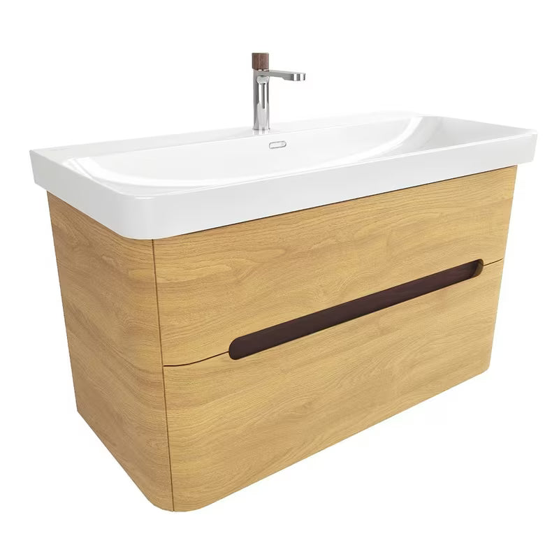 Viseča kopalniška omarica SAT Fusion s keramičkim umivaonikom u dekoru medni hrast