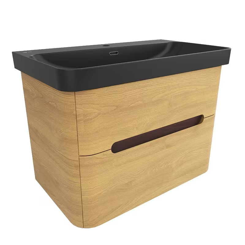 Viseča kopalniška omarica SAT Fusion z umivalnikom u dekoru medni hrast i mat crnoj izvedbi