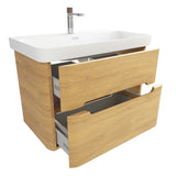 Viseča kopalniška omarica SAT Fusion s keramičkim umivaonikom u mat bijeloj boji u dekoru medni hrast.