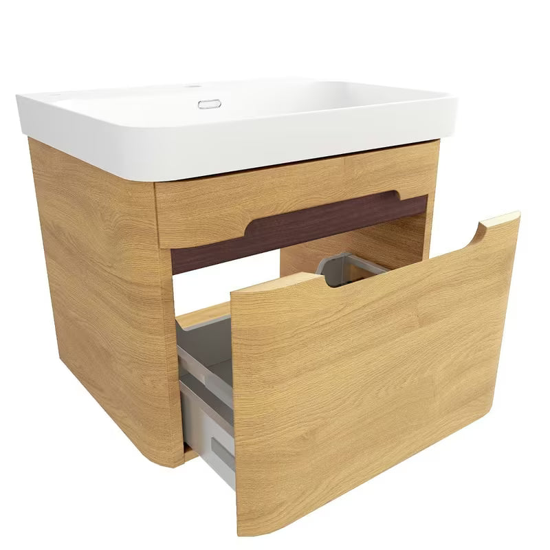 Viseča kopalniška omarica SAT Fusion z umivalnikom u dekoru medni hrast i bijeloj mat obradi.