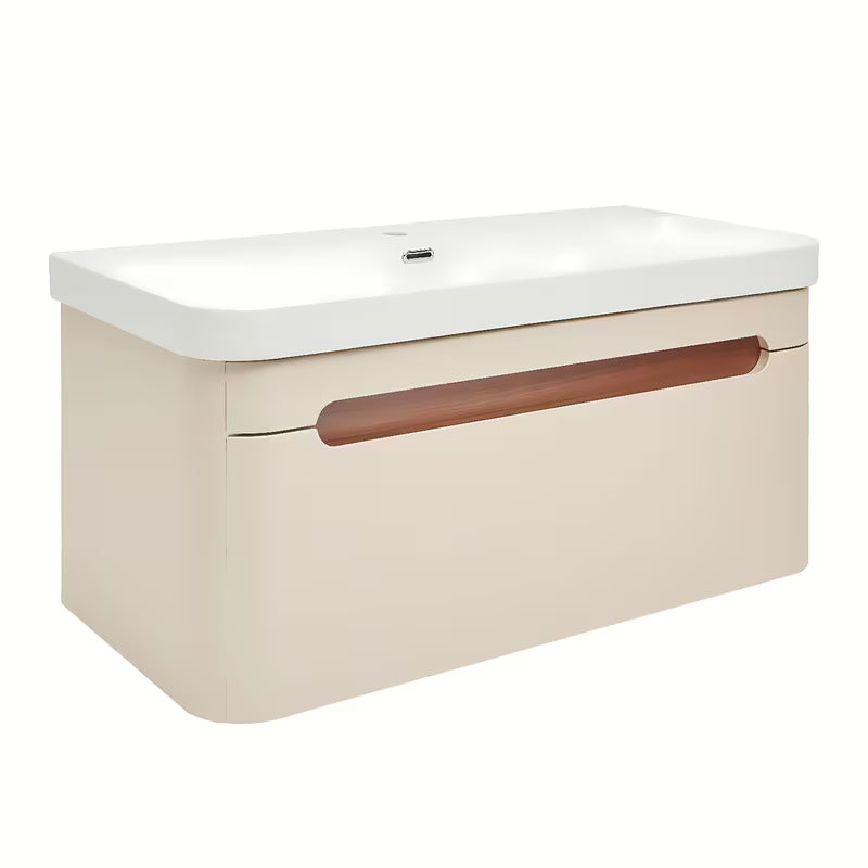 Viseča kopalniška omarica z umivalnikom SAT Fusion u mat pješčano-bež boji sa zaobljenim rubovima