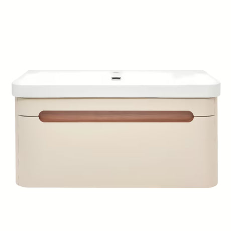 Viseča kopalniška omarica z umivalnikom SAT Fusion u mat pješčano-bež boji sa zaobljenim rubovima