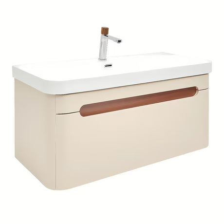 Viseča kopalniška omarica SAT Fusion z umivalnikom u mat pješčano-bež boji i s obrubom od oraha.