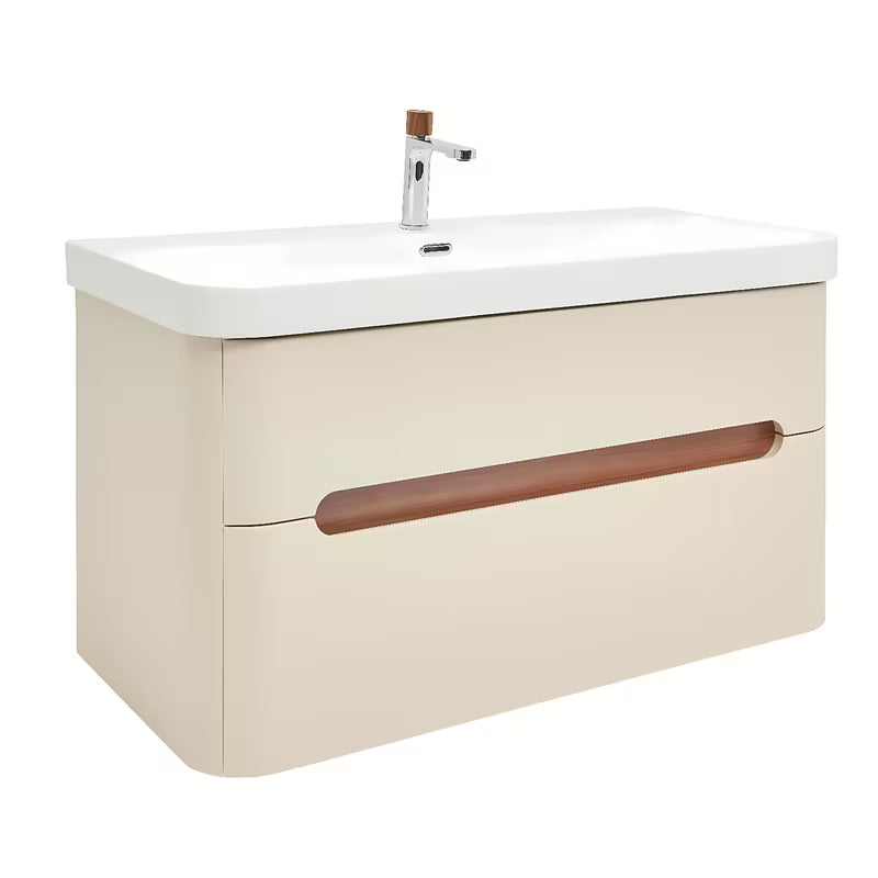 Viseča kopalniška omarica z umivalnikom SAT Fusion u mat pješčano bež boji s dvije ladice.