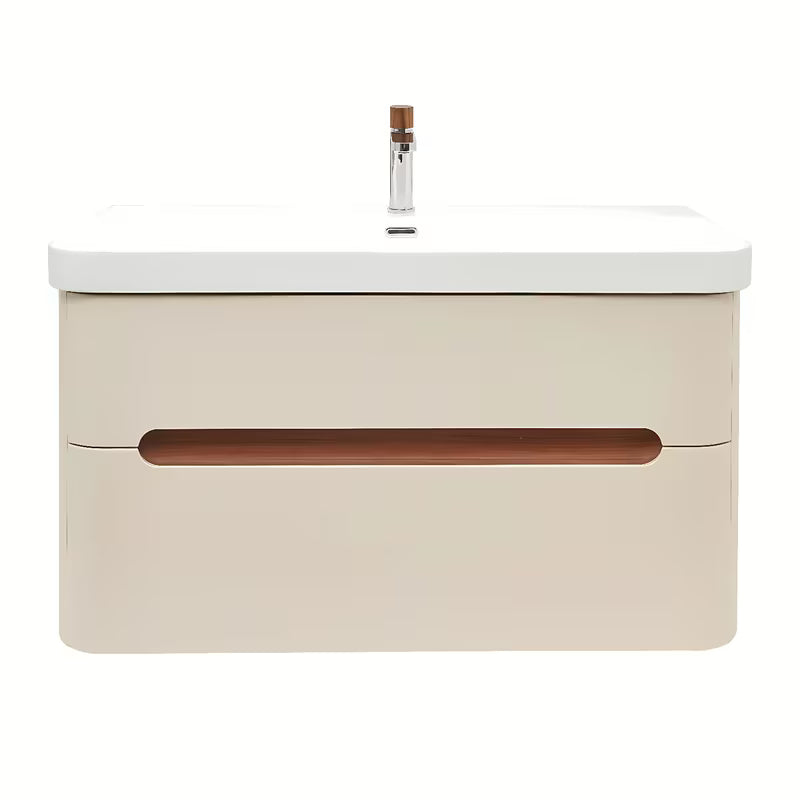 Viseča kopalniška omarica z umivalnikom SAT Fusion u mat pješčano bež boji s dvije ladice.