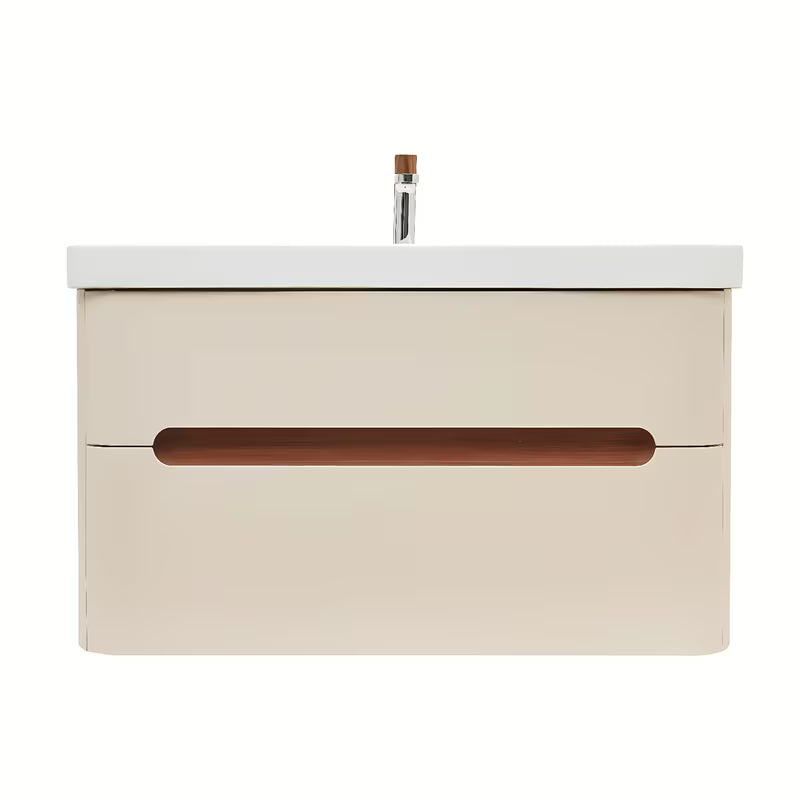 Viseča kopalniška omarica z umivalnikom SAT Fusion u mat pješčano bež boji s dvije ladice.