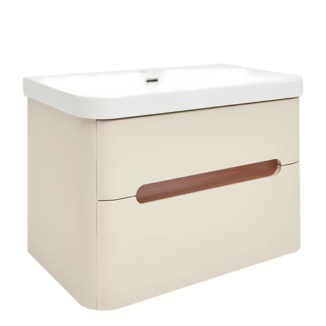 Viseča kopalniška omarica z umivalnikom SAT Fusion u mat pješčano bež boji s obrubom u dekoru oraha