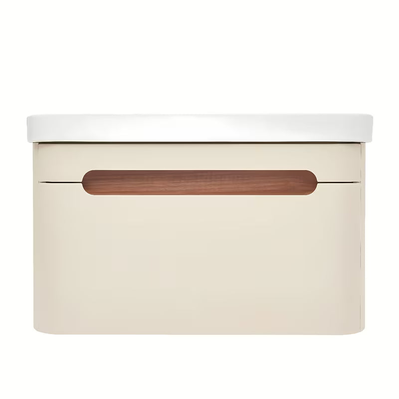 Viseča ormarić s keramičkim umivaonikom SAT Fusion u mat pješčano bež boji sa zaobljenim rubovima