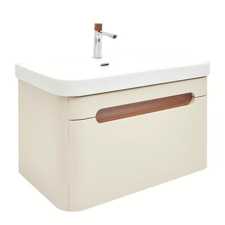 Viseča kopalniška omarica s keramičkim umivaonikom SAT Fusion u mat pješčano bež boji.