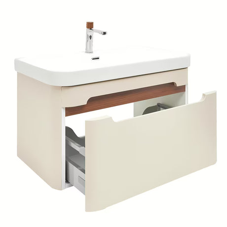 Viseča kopalniška omarica s keramičkim umivaonikom SAT Fusion u mat pješčano bež boji.