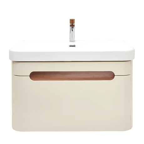 Viseča kopalniška omarica s keramičkim umivaonikom SAT Fusion u mat pješčano bež boji.