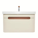 Viseča kopalniška omarica s keramičkim umivaonikom SAT Fusion u mat pješčano bež boji.