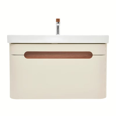 Viseča kopalniška omarica s keramičkim umivaonikom SAT Fusion u mat pješčano bež boji.